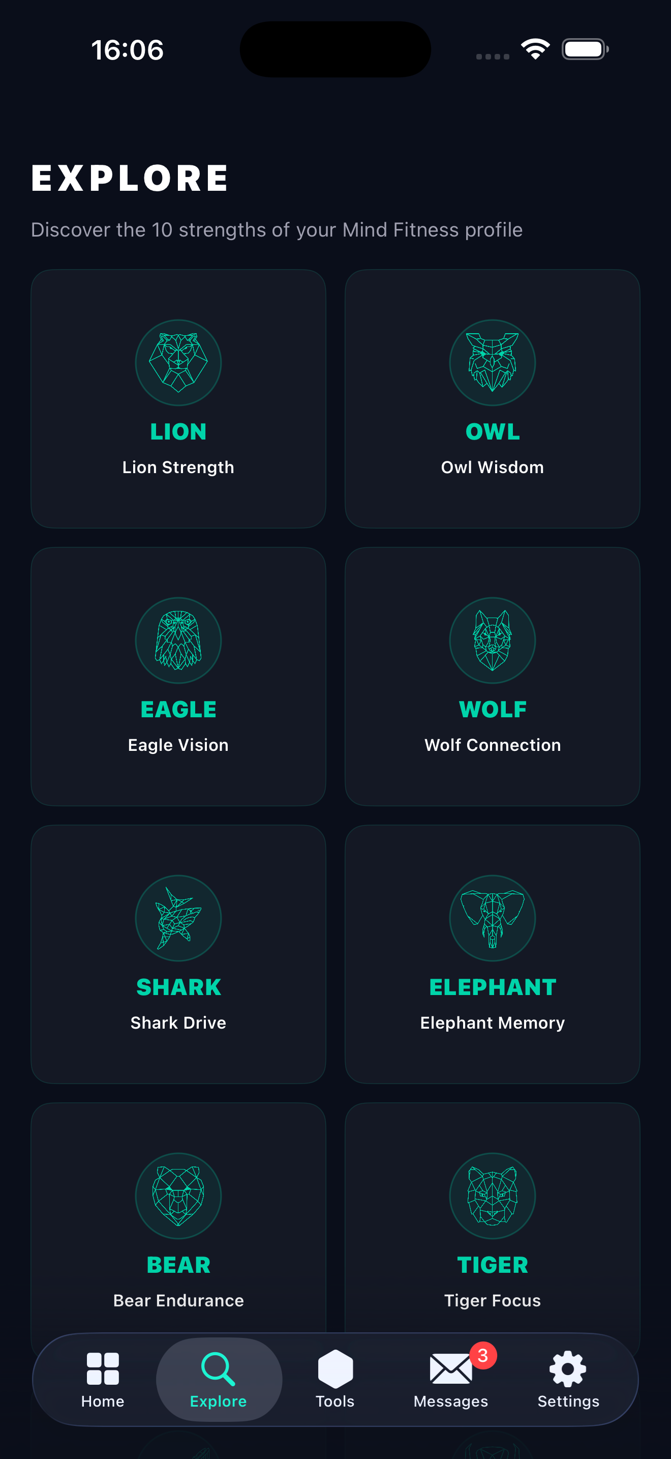 Ownminder Explore screen showing the ten strengths as low-poly animal icons: Lion, Owl, Eagle, Wolf, Shark, Elephant, Bear, Tiger.